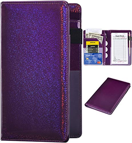 Product Cover Server Books for Waitress - Glitter Leather Waiter Book Server Wallet with Zipper Pocket, Cute Waitress Book&Waitstaff Organizer with Money Pocket Fit Server Apron（Glitter Purple）