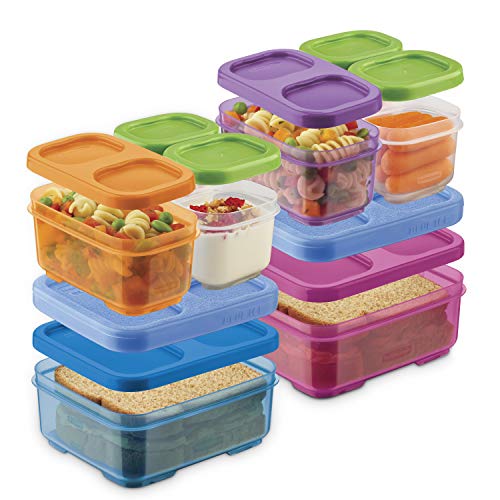Product Cover Rubbermaid 2108406 LunchBlox Kids Box and Meal Prep, 2 Pack Set | Stackable & Microwave Safe Lunch Containers | Assorted Colors, Purple/Pink/Green