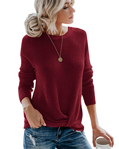 Product Cover Yidarton Women's Pullover Sweaters Cute Front Twist Knot Crewneck Long Sleeve Solid Loose Knit Warm Sweater Tops