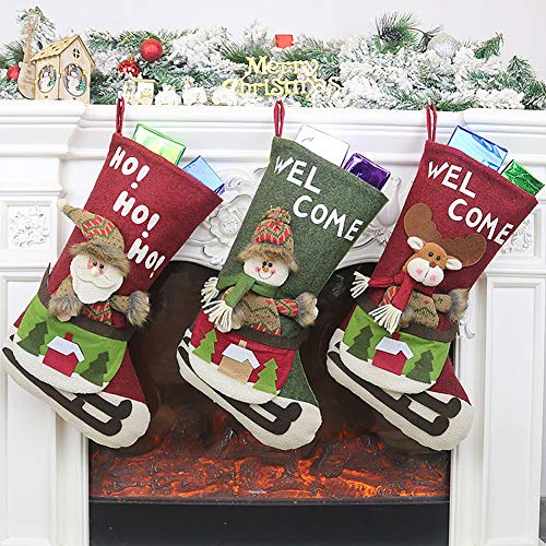 Product Cover winemana Christmas Stocking, 18 Inch 3D Santa Snowman Reindeer Xmas Images, Non-Woven Letters Stockings Set, Christmas Decorations and Party Accessory, 3 Pack (Letter Style)