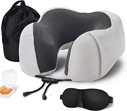 Product Cover iKzan - Travel Pillow, 100% Memory Foam Neck Pillow with Carry Case, Eye Mask and Ear Plugs, Comfortable Portable Neck Head Support Cushion for Airplane Train Car Travelling Reading Sleeping