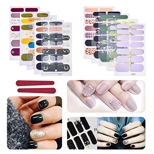Product Cover BILBAL 10 Sheets Full Nail Stickers, Nail Art Polish Stickers Strips Adhesive Manicure Decals Kit With 2PC Nail Files for Women Girls (A)