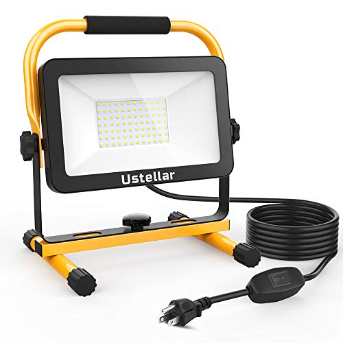 Product Cover Ustellar 60W Portable LED Work Light 3030 LEDs, 6000lm (450W Equivalent) 6000K Daylight White IP65 Waterproof Flood Lights with Stand for Workshop, Construction Site, 16.4ft/5m Power Cord with US Plug