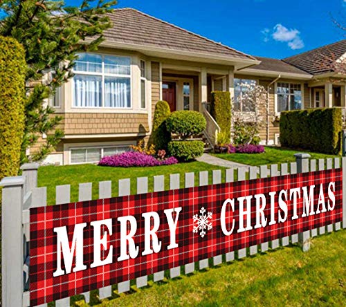 Product Cover Large Merry Christmas Banner, Red Buffalo Plaid Banner, Christmas Decorations for Outdoor or Indoor, Lumberjack Party Decorations (9.8 x 1.5 feet)