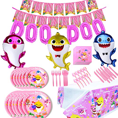 Product Cover Baby Cute Shark Party Supplies Birthday Decorations Set, Pink for Girls Baby Shark DOO DOO Balloons Happy Birthday Banner Cake Topper Baby Cute Shark Party Décor