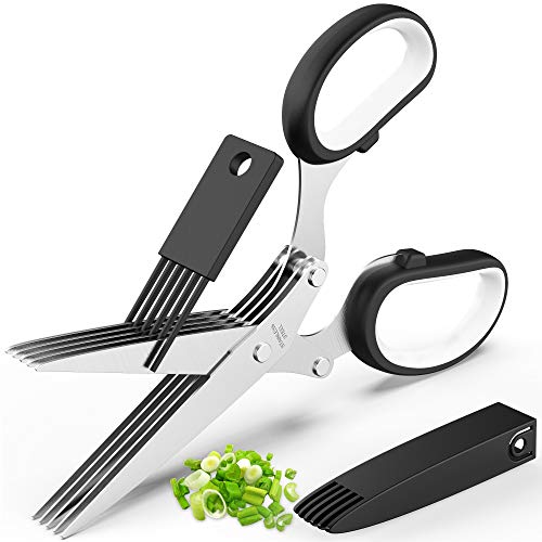 Product Cover Updated 2020 Herb Scissors Set - Cool Kitchen Gadgets for Cutting Fresh Garden Herbs - Herb Cutter Shears with 5 Blades and Cover, Sharp and Anti-rust Stainless Steel, Dishwasher Safe, Black-White