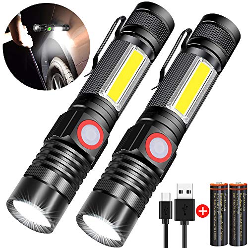 Product Cover Rechargeable Flashlight, Spriak Magnetic Flashlights with Clip (Included Battery), Side Work Light, Bright, Zoomable Pocket EDC Flashlight for Camping, Hiking, Home Power Outage, 2 Pack