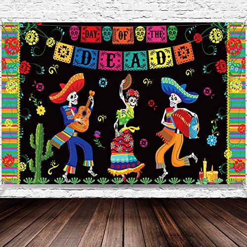 Product Cover Day of The Dead Party Supplies, 6 x 3.6 ft Extra Large Fabric Day of The Dead Backdrop Banner for Halloween - Party Decoration Photo Booth Backdrop Skull Background Banner