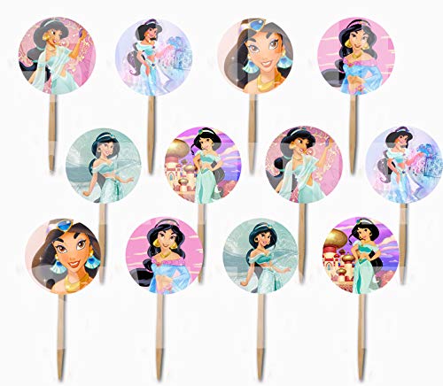 Product Cover Party Over Here Princess Jasmine Cupcake Picks of Aladdin Double-Sided Images Cake Topper -12, Jafar Genie Magic Lamp