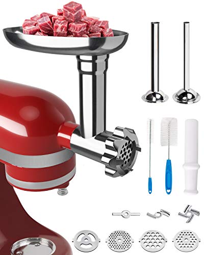 Product Cover X Home Metal Meat Grinder Attachment for KitchenAid Stand Mixers, Durable Food Grinding Accessories Include 2 Sausage Stuffer Tubes, 4 Grinding Blades, and 2 Bonus Cleaning Brushes