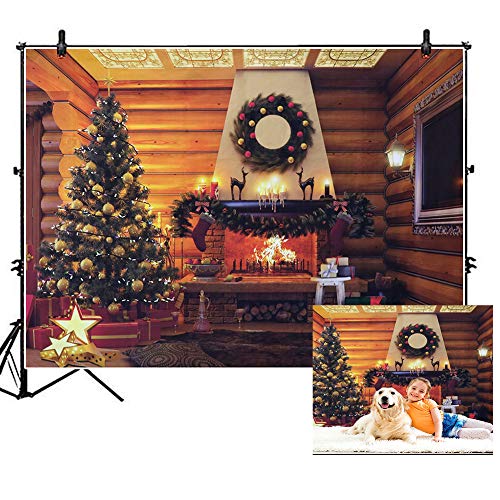 Product Cover KERIQI 7x5ft Christmas Backdrop for Photography Background, Rustic Wooden Wall Christmas Tree Fireplace Theme Photo Backdrops Studio Booth Prop for Xmas Holiday Party Decorations