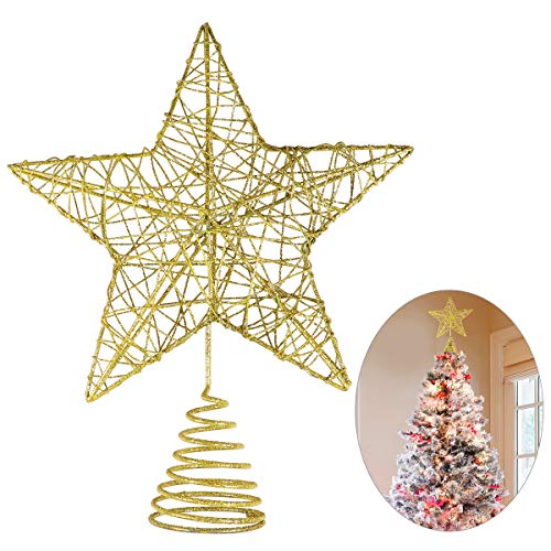 Product Cover Unomor Christmas Star Tree Topper -Gold Glittered Metal Hallow Tree Star Unique Design- 8 Inches (Size Not Included Base) Fit for General Size Christmas Tree