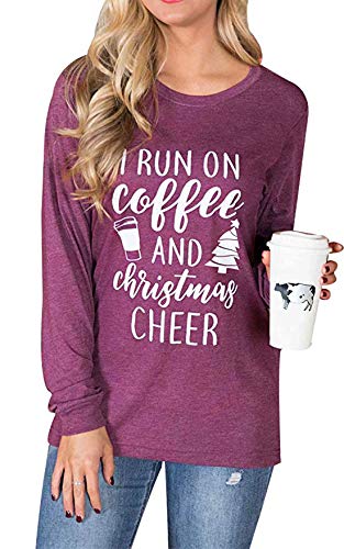 Product Cover Miselon Women Letter Printed Tee Shirt Casual O-Neck Long Sleeve Christmas Tops Pullover Shirts