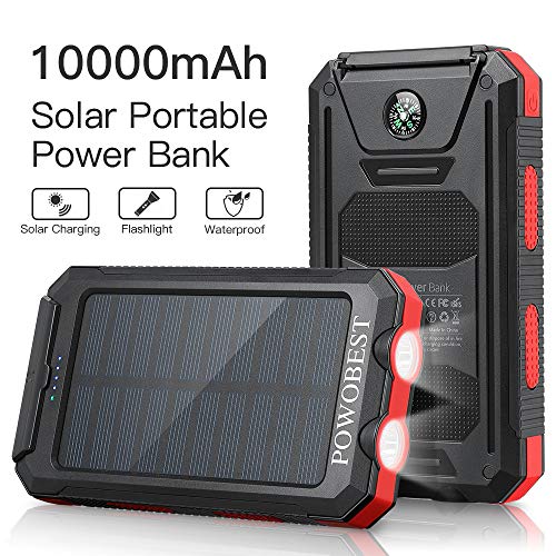 Product Cover Solar Charger 10000mAh, POWOBEST Dual USB Portable Charger Solar Power Bank, Waterproof External Backup Battery Pack, Solar Phone Charger for Smartphones, Solar Power Pack with Flashlight & Compass