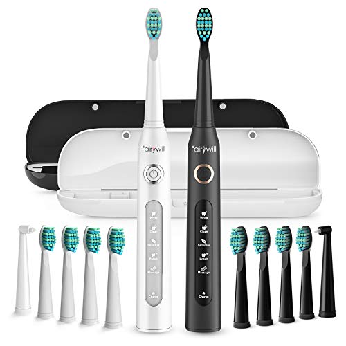 Product Cover Fairywill Dual Electric Toothbrushes - Powerful Cleaning with 5 Modes, Smart Timer, 10 Brush Heads & 2 Travel Cases, Rechargeable Whitening Sonic Toothbrush with One 4 hr Charge Lasting 30 Days