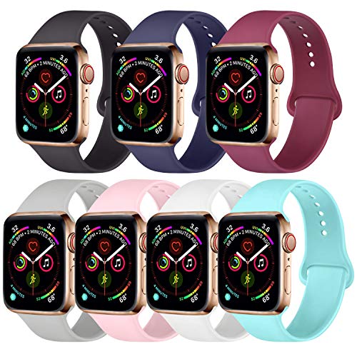 Product Cover Pack 7 Compatible with Apple Watch Band 38mm 40mm 42mm 44mm, Silicone Strap Sport Band Compatible with iWatch Series 4/3/2/1 (Black/Navy Blue/Wine Red/Gray/Pink/White/Light Blue, 38mm/40mm-S/M )
