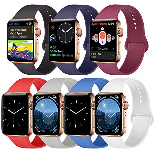 Product Cover Pack 7 Compatible with Apple Watch Band 38mm 40mm 42mm 44mm, Silicone Strap Sport Band Compatible with iWatch Series 4/3/2/1 (Black/Navy Blue/Wine Red/Orange Red/Gray/Royal Blue/White, 38mm/40mm-S/M)