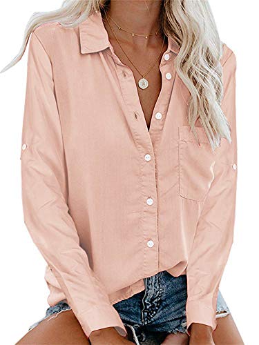 Product Cover Sherosa Women's V Neck Collared Button Down Shirts Top Casual Roll Up Sleeve Blouses with Pocket