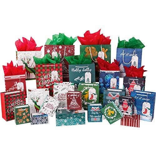 Product Cover Unomor Christmas Gift Bags, 72 PCS with 24 Christmas Bags, 24 Gift Tags and 24 Tissue Paper, 4 Different Sizes, 2XL, 4 Large, 10 Medium, 8 Small, 8 Designs for Holiday Gift Wrapping