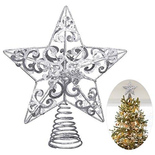 Product Cover Unomor Christmas Star Tree Topper -Silver Glittered Metal Hallow Tree Star Unique Design- 8 Inches (Size Not Included Base) Fit for General Size Christmas Tree
