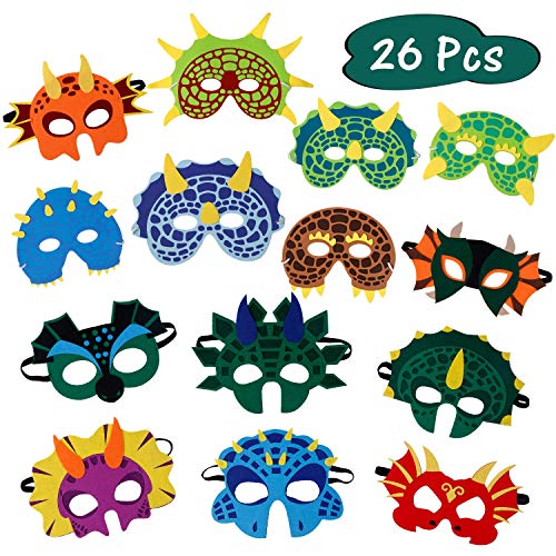 Product Cover 26 Pack Dinosaur Party Masks Masquerade and Halloween Dinosaur Face Mask Foam Felt Dinosaur Mask for Kids Birthday Themed Party Supplies Favors Decorations (14 Styles)