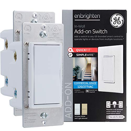 Product Cover GE Enbrighten Add-On Switch 2-pack with QuickFit and SimpleWire, GE Z-Wave/GE Zigbee Smart Lighting Controls, Works with Alexa, Google Assistant, NOT A STANDALONE SWITCH, White & Light Almond, 47896