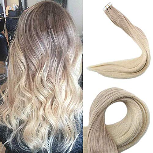 Product Cover Full Shine 50 Gram 20 Inch Ombre Tape In Human Hair Extensions Color #18 Ash Blonde Fading To Color #60 Balayage Remy Hair Extensions 100% Real Hair Can Be Dyed Stronger Glue