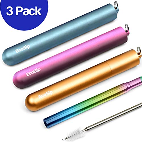 Product Cover 3 Pack EcoSip Collapsible Telescopic Straw | Metal Stainless Reusable | Portable Final Eco Folding Straws | Cleaning Brush Key Ring Hard Case | Silicone Tip Premium Grade | Men or Women (Rainbow)