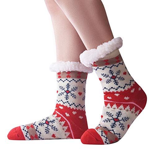 Product Cover Prsildan Warm Fleece-lined Thermal Cozy Fuzzy Socks For Women,Christmas Gift Winter Thick Slipper Socks With Grippers (Red Snowflake), suit for size 5-10