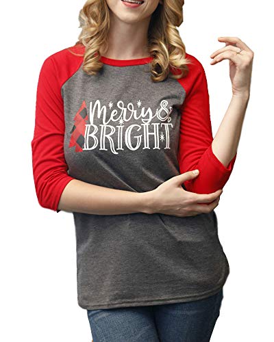 Product Cover YEXIPO Womens Graphic Tees 3/4 Sleeve Merry Letter Print Raglan Baseball Tee Novelty Casual Tops