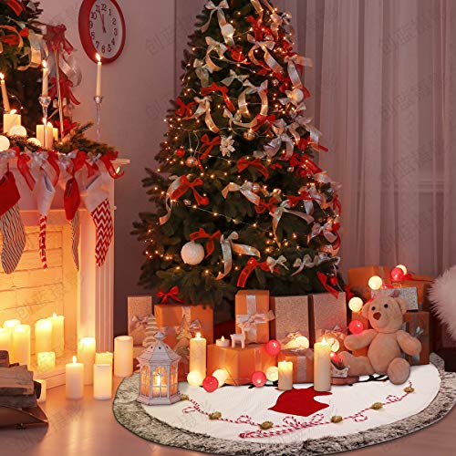 Product Cover Supker Christmas Tree Skirt Large 48 inch Plush Edge Border Round Xmas Tree Skirt Reindeer Pattern Carpet Apron for Christmas Home Holiday Party Decoration