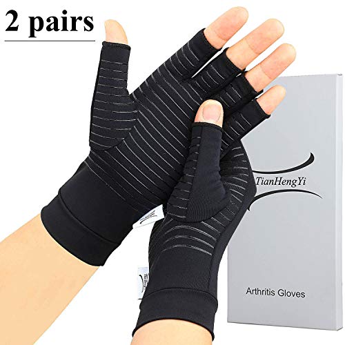 Product Cover 2 Pairs Arthritis Gloves,Copper Compression Arthritis Gloves,Fingerless Hand Gloves for Women and Men,Carpal Tunnel, RSI Osteoarthritis,Computer Typing, and Everyday Support (Black, Large)