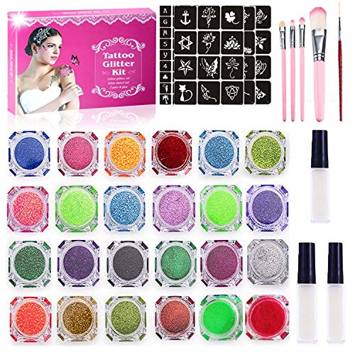Product Cover Glitter Tattoo Kit with 24 Large Glitter Colors, 60 Cool Tattoo Stencils, 5 Pink Cosmetic Brushes,3 Glitter Glue | New Glitter Temporary Tattoos Makeup Set for Adult Teenagers Kids (Party Accessory &