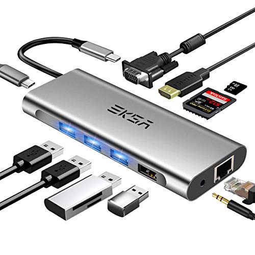 Product Cover USB C Hub,Type C Hub,EKSA 11-in-1 Adapter with Ethernet,4K USB C to HDMI,VGA,4 USB Ports,SD/TF Card Reader,Mic/Audio Port,USB-C 100W PD Port Compatible for MacBoook Air Pro and Other Type C Laptops