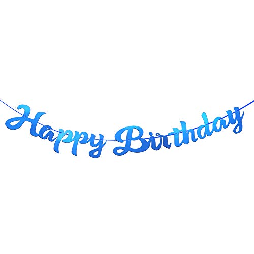 Product Cover Blue Shiny Happy Birthday Banner, Pre-Strung Elegant Handwriting Letter, Mirror Glitter Alphabet Happy Birthday Sign, Bunting Banner, Birthday Party Decorations Supplies