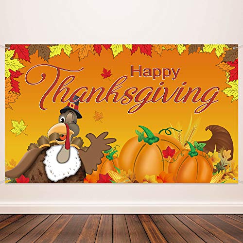Product Cover Happy Thanksgiving Decorations Fall Banner Thanksgiving Background Turkey Maple Leaves Pumpkin Banner Thanksgiving Backdrop Banner, 72.8 x 43.3 Inch