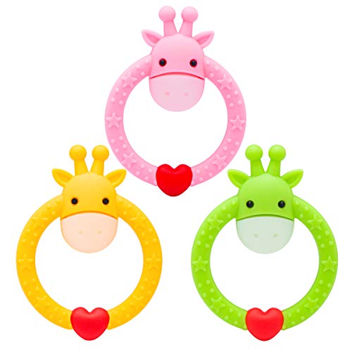 Product Cover SHare&Care BPA Free Silicone Giraffe Baby Teething Rings, Soothing Pain Relief and Developing Healthy Oral, for Toddlers & Infants Motor Skill Training (3 Pack)