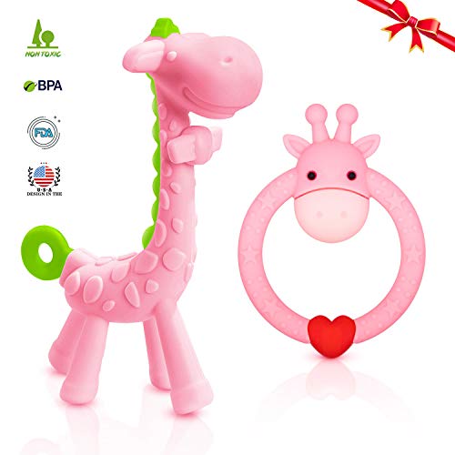 Product Cover SHare&Care BPA Free 2 Silicone Giraffe Baby Teether Toy with Storage Case, for 3 Months Above Infant Sore Gums Pain Relief, Set of 2 Different Teething Toys (Pink)