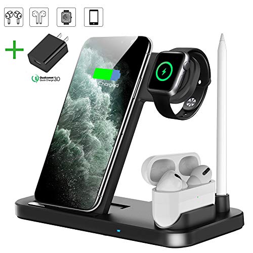 Product Cover Wireless Charger, QI-EU 4 in 1 Qi-Certified 10W Fast Charging Station Compatible Apple Watch Airpods iPhone 11/11pro/X/XS/XR/Xs Max/8/8 Plus, Wireless Charging Stand Compatible Samsung Galaxy (Black)