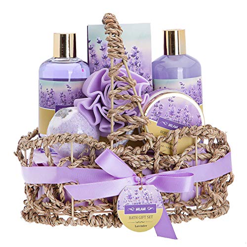 Product Cover Lavender Bath Spa Gift Basket with Relaxation Gifts for Women: 7 Pc Bath Spa Kit Includes Lavender Body Lotion, Bubble Bath, Shower Gel, Bath Salt, Bath Bomb, Flower Loofah and Basket for Home Spa