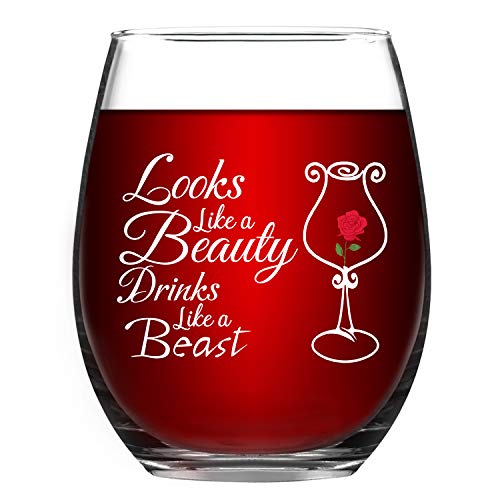 Product Cover Looks Like a Beauty Drinks Like a Beast Stemless Wine Glass Funny Wine Glass Birthday Gifts Best Friend Gift Christmas Gift for Women Girls Sister Her 15 Oz
