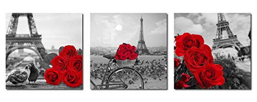 Product Cover Paimuni Red Rose Floral Canvas Wall Art Black White Eiffel Tower Prints Romantic Flower Picture Framed Artwork 3 Panel Home Decor 12 x 12 Inches
