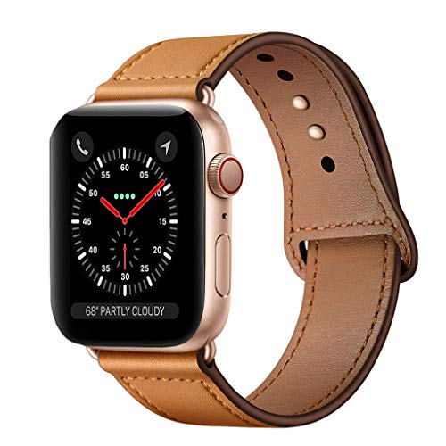 Product Cover KYISGOS Compatible with iWatch Band 40mm 38mm, Genuine Leather Replacement Band Strap Compatible with Apple Watch Series 5 4 3 2 1 38mm 40mm, Camel Brown Band + Rose Gold Adapter