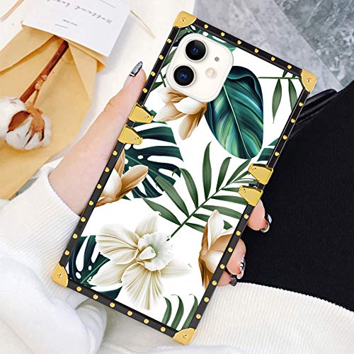 Product Cover Square Case Compatible iPhone 11 2019 6.1 Inch Green Leaves with White Brown Flowers Luxury Elegant Soft TPU Shockproof Protective Metal Decoration Corner Back Cover Case iPhone 11 Case