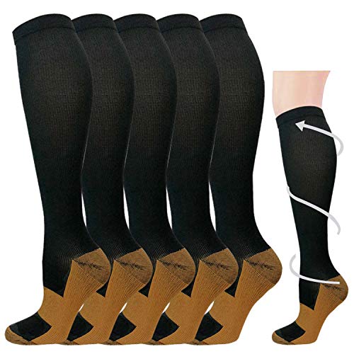 Product Cover 5 Pairs Copper Compression Socks for Men & Women 20-30 mmHg Medical Graduated Compression Stockings for Sports Running Nurses Shin Splints Diabetic Flight Travel Pregnancy (Black, L/XL)