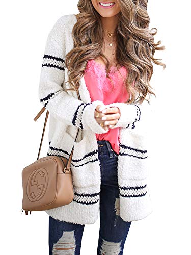 Product Cover Meikulo Womens Open Front Striped Cardigan Sweaters Fuzzy Knit Loose Fit Outwear with Pocket