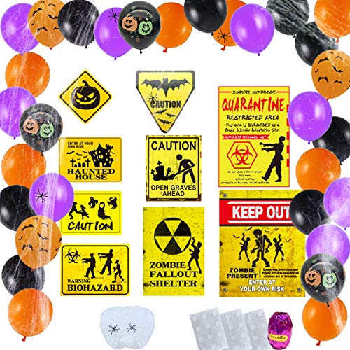 Product Cover Nightmare Before Christmas Decorations - 53 Nightmare Before Christmas Pack Includes 9 Out Door Caution Sign, 30 Halloween Balloons, 2 Spider Web, 8 Spiders and Tools for Placing
