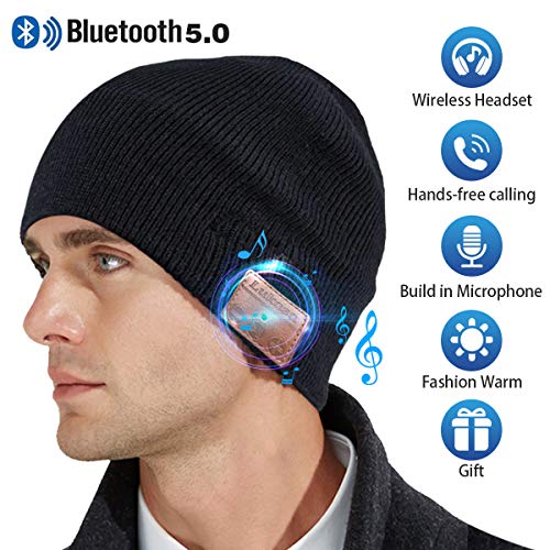 Product Cover Bluetooth Beanie Hat,Mens Gifts V5.0 Unisex Wireless Knit Cap Winter Warm Hats for Running Outdoor Sports with Stereo Headphone Speaker Unique Christmas Tech Gifts for Men Women(Black)