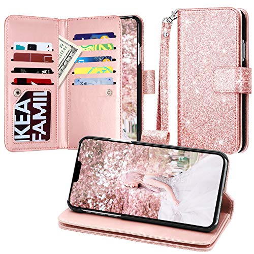 Product Cover Casewind iPhone 11 Pro Max Case,iPhone 11 Pro Max Wallet Case, Luxury Glitter Premium Leather+TPU Inner Shell Flip Case with 9 Card Slot Magnetic Closure Wallet Case for iPhone 11 Pro Max,Rose Gold