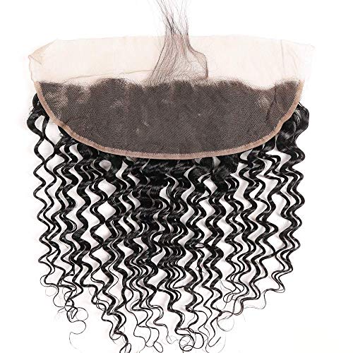 Product Cover Brazilian Virgin Hair Deep Wave Lace Frontal Ear to Ear 13x4 Free Part with Baby Hair,Deep Curly Human Hair Lace Frontal Natural Black Color